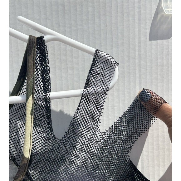 Toxic-Green/Brown-Body Con-Mini Camo Dress-with Distressed Mesh Sleeves-Lg.-Used - Picture 8 of 15